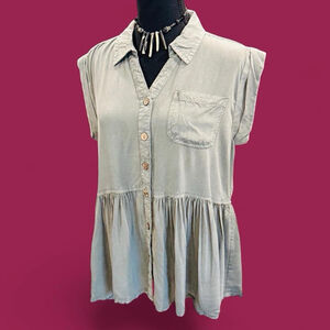 Kings Road Sage Green Button Front Peplum Tunic Babydoll Top L Gorp Grunge Boho